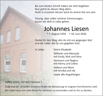 Traueranzeige von Johannes Liesen von Neue Osnabrücker Zeitung GmbH & Co. KG