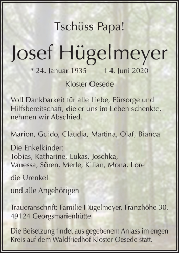 Traueranzeige von Josef Hügelmeyer von Neue Osnabrücker Zeitung GmbH & Co. KG