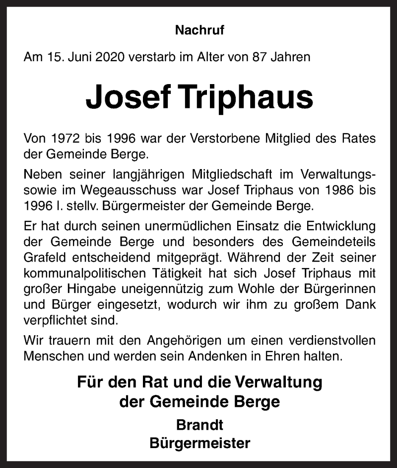  Traueranzeige für Josef Triphaus vom 18.06.2020 aus Neue Osnabrücker Zeitung GmbH & Co. KG