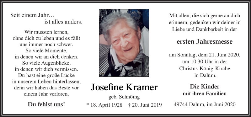  Traueranzeige für Josefine Kramer vom 17.06.2020 aus Neue Osnabrücker Zeitung GmbH & Co. KG