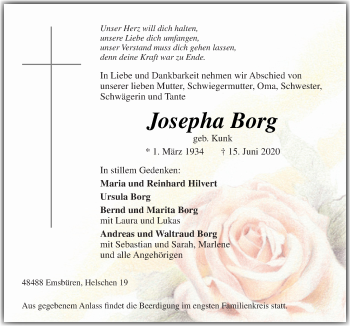 Traueranzeige von Josepha Borg von Neue Osnabrücker Zeitung GmbH & Co. KG