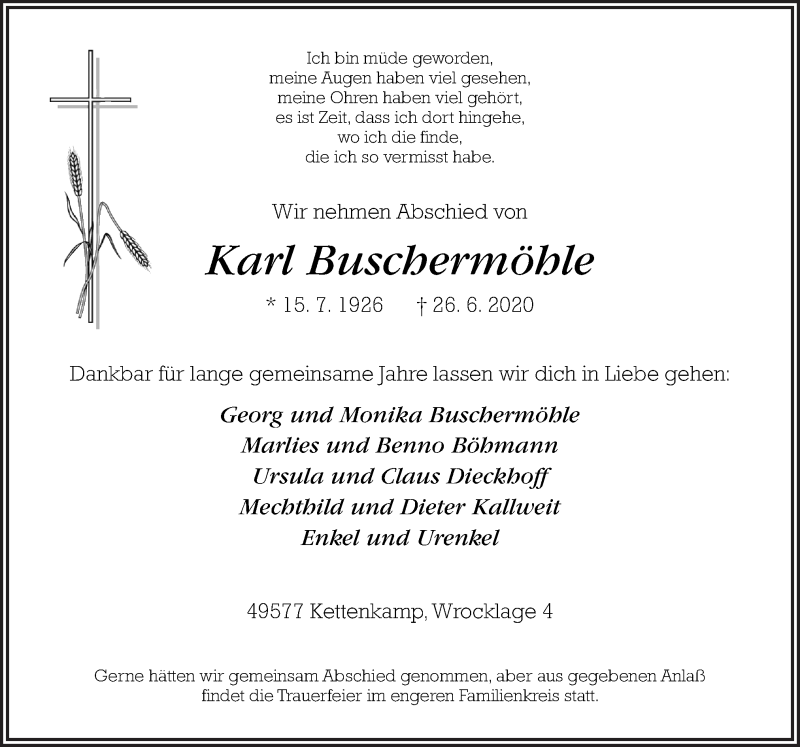  Traueranzeige für Karl Buschermöhle vom 29.06.2020 aus Neue Osnabrücker Zeitung GmbH & Co. KG