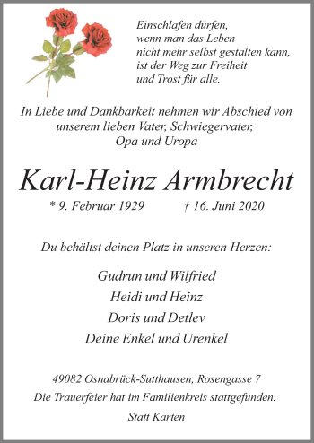 Traueranzeige von Karl-Heinz Armbrecht von Neue Osnabrücker Zeitung GmbH & Co. KG
