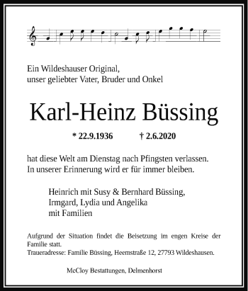 Traueranzeige von Karl-Heinz Büssing von Neue Osnabrücker Zeitung GmbH & Co. KG