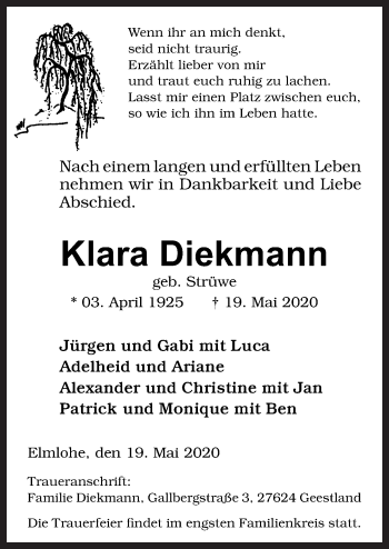 Traueranzeige von Klara Diekmann von Neue Osnabrücker Zeitung GmbH & Co. KG