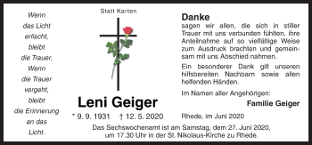 Traueranzeige von Leni Geiger von Neue Osnabrücker Zeitung GmbH & Co. KG