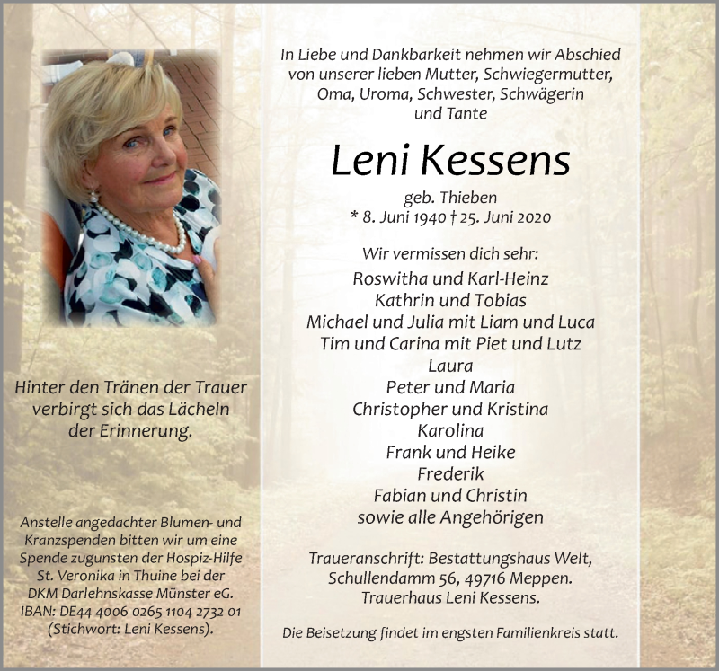  Traueranzeige für Leni Kessens vom 29.06.2020 aus Neue Osnabrücker Zeitung GmbH & Co. KG