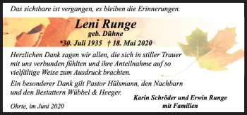 Traueranzeige von Leni Runge von Neue Osnabrücker Zeitung GmbH & Co. KG