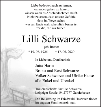 Traueranzeige von Lilli Schwarze von Neue Osnabrücker Zeitung GmbH & Co. KG