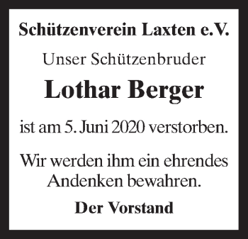 Traueranzeige von Lothar Berger von Neue Osnabrücker Zeitung GmbH & Co. KG