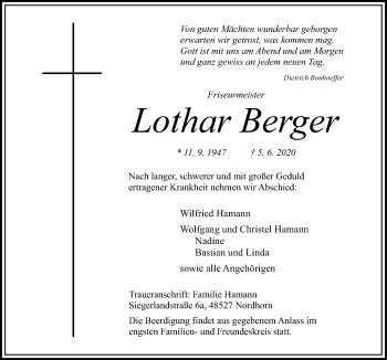 Traueranzeige von Lothar Berger von Neue Osnabrücker Zeitung GmbH & Co. KG