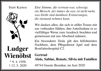 Traueranzeige von Ludger Wienöbst von Neue Osnabrücker Zeitung GmbH & Co. KG
