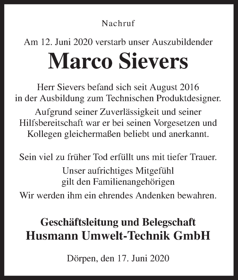  Traueranzeige für Marco Sievers vom 18.06.2020 aus Neue Osnabrücker Zeitung GmbH & Co. KG