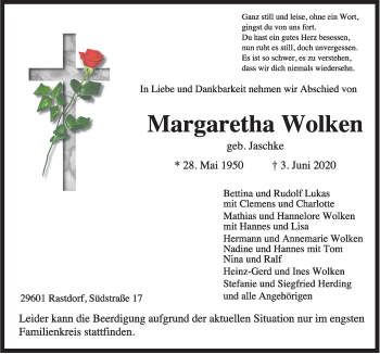Traueranzeige von Margaretha Wolken von Neue Osnabrücker Zeitung GmbH & Co. KG
