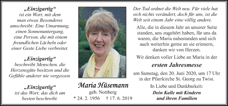  Traueranzeige für Maria Hüsemann vom 17.06.2020 aus Neue Osnabrücker Zeitung GmbH & Co. KG
