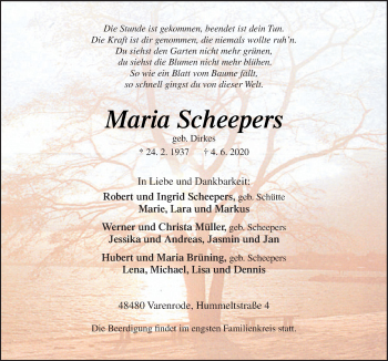 Traueranzeige von Maria Scheepers von Neue Osnabrücker Zeitung GmbH & Co. KG