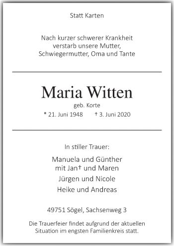 Traueranzeige von Maria Witten von Neue Osnabrücker Zeitung GmbH & Co. KG