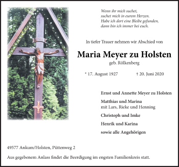 Traueranzeige von Maria Meyer zu Holsten von Neue Osnabrücker Zeitung GmbH & Co. KG
