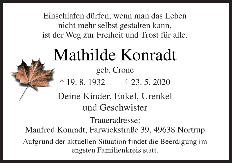  Traueranzeige für Mathilde Konradt vom 06.06.2020 aus Neue Osnabrücker Zeitung GmbH & Co. KG