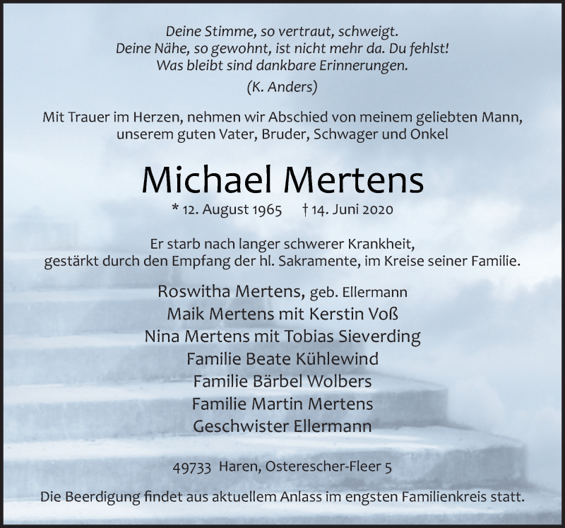  Traueranzeige für Michael Mertens vom 17.06.2020 aus Neue Osnabrücker Zeitung GmbH & Co. KG