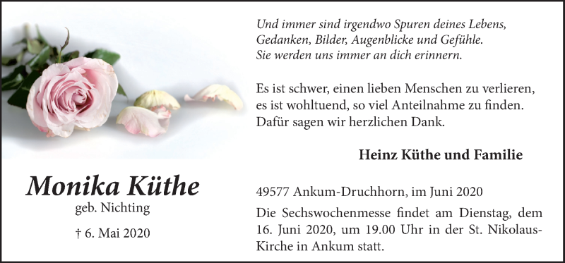  Traueranzeige für Monika Küthe vom 13.06.2020 aus Neue Osnabrücker Zeitung GmbH & Co. KG