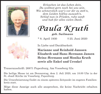 Traueranzeige von Paula Kruth von Neue Osnabrücker Zeitung GmbH & Co. KG
