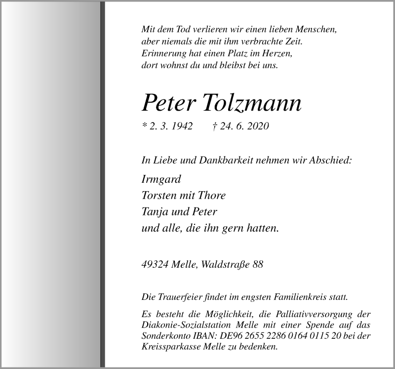  Traueranzeige für Peter Tolzmann vom 30.06.2020 aus Neue Osnabrücker Zeitung GmbH & Co. KG