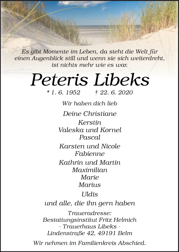  Traueranzeige für Peteris Libeks vom 27.06.2020 aus Neue Osnabrücker Zeitung GmbH & Co. KG