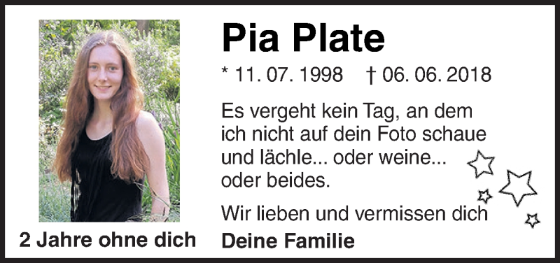 Traueranzeige für Pia Plate vom 06.06.2020 aus Neue Osnabrücker Zeitung GmbH & Co. KG