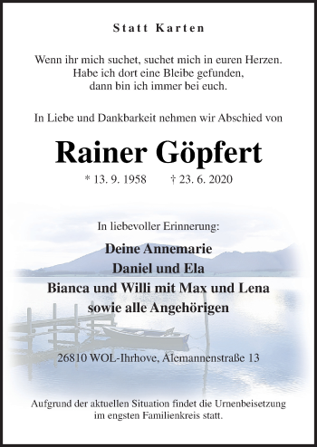 Traueranzeige von Rainer Göpfert von Neue Osnabrücker Zeitung GmbH & Co. KG