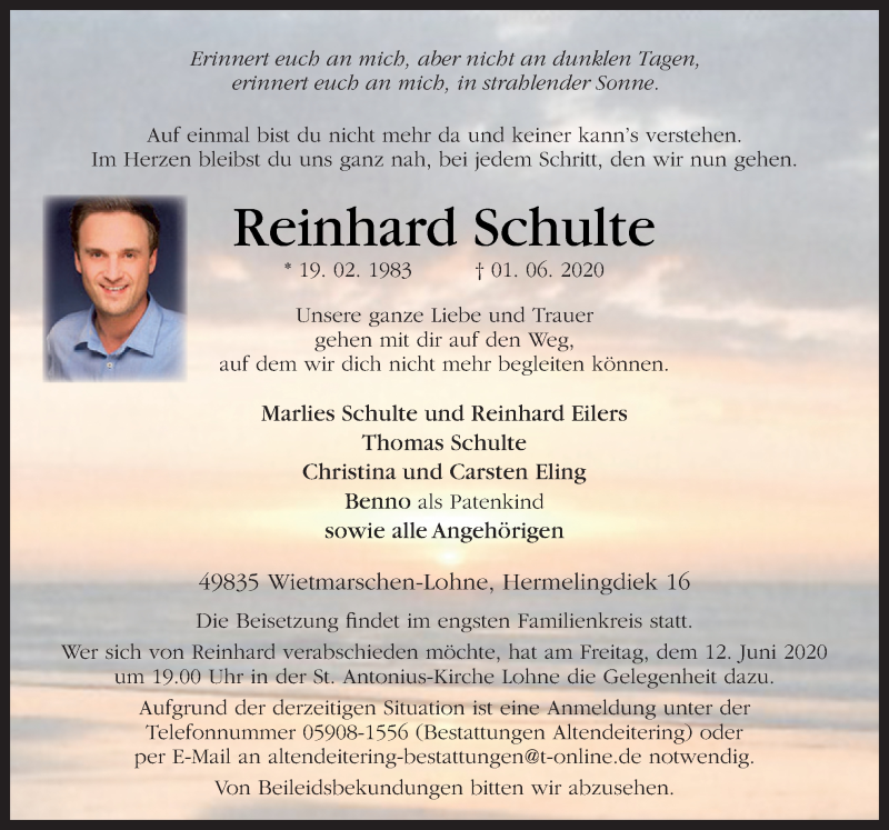  Traueranzeige für Reinhard Schulte vom 09.06.2020 aus Neue Osnabrücker Zeitung GmbH & Co. KG