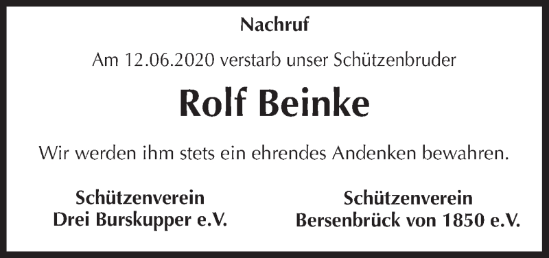  Traueranzeige für Rolf Beinke vom 17.06.2020 aus Neue Osnabrücker Zeitung GmbH & Co. KG