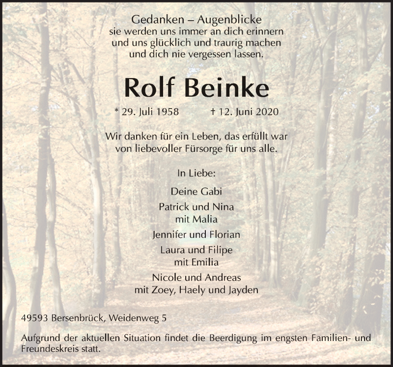 Traueranzeige für Rolf Beinke vom 15.06.2020 aus Neue Osnabrücker Zeitung GmbH & Co. KG