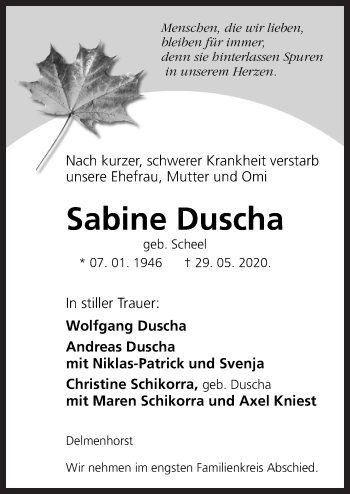 Traueranzeige von Sabine Duscha von Neue Osnabrücker Zeitung GmbH & Co. KG