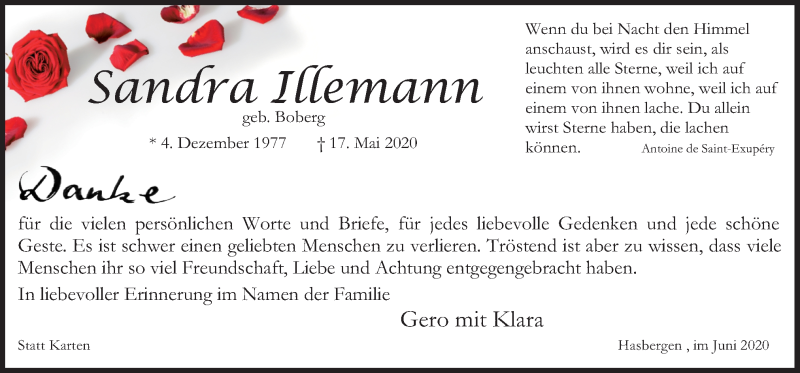  Traueranzeige für Sandra Illemann vom 13.06.2020 aus Neue Osnabrücker Zeitung GmbH & Co. KG