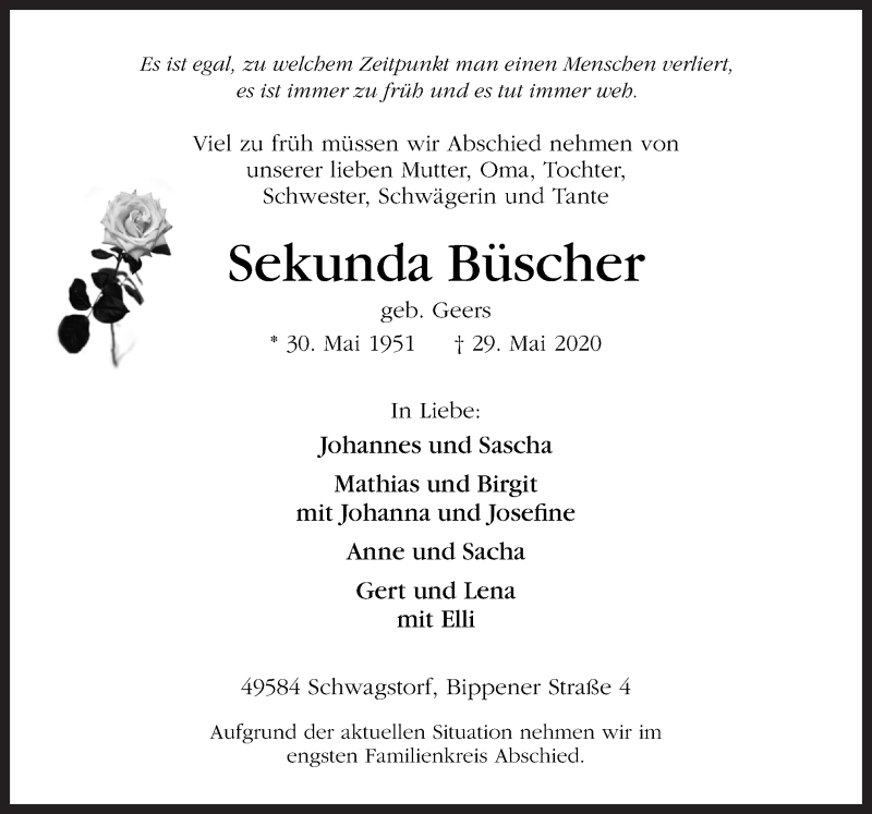  Traueranzeige für Sekunda Büscher vom 02.06.2020 aus Neue Osnabrücker Zeitung GmbH & Co. KG