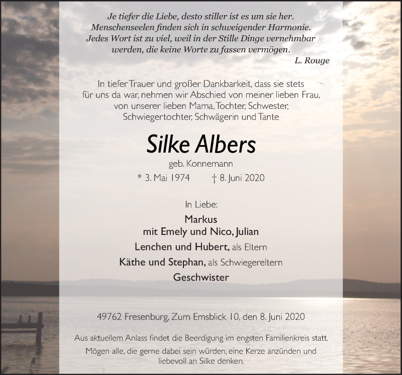  Traueranzeige für Silke Albers vom 11.06.2020 aus Neue Osnabrücker Zeitung GmbH & Co. KG