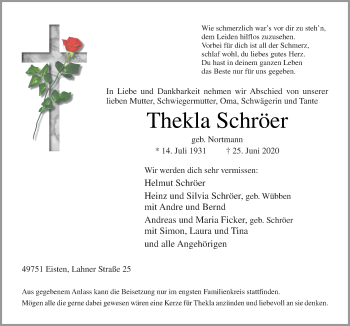 Traueranzeige von Thekla Schröer von Neue Osnabrücker Zeitung GmbH & Co. KG
