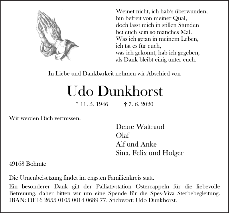  Traueranzeige für Udo Dunkhorst vom 10.06.2020 aus Neue Osnabrücker Zeitung GmbH & Co. KG