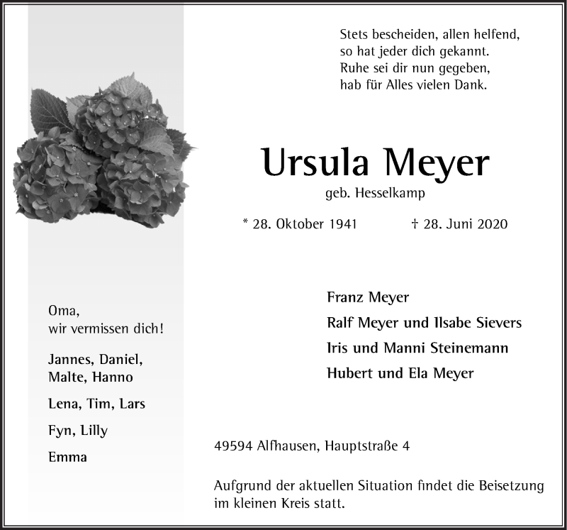  Traueranzeige für Ursula Meyer vom 30.06.2020 aus Neue Osnabrücker Zeitung GmbH & Co. KG