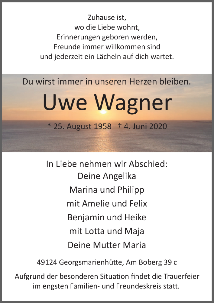  Traueranzeige für Uwe Wagner vom 09.06.2020 aus Neue Osnabrücker Zeitung GmbH & Co. KG