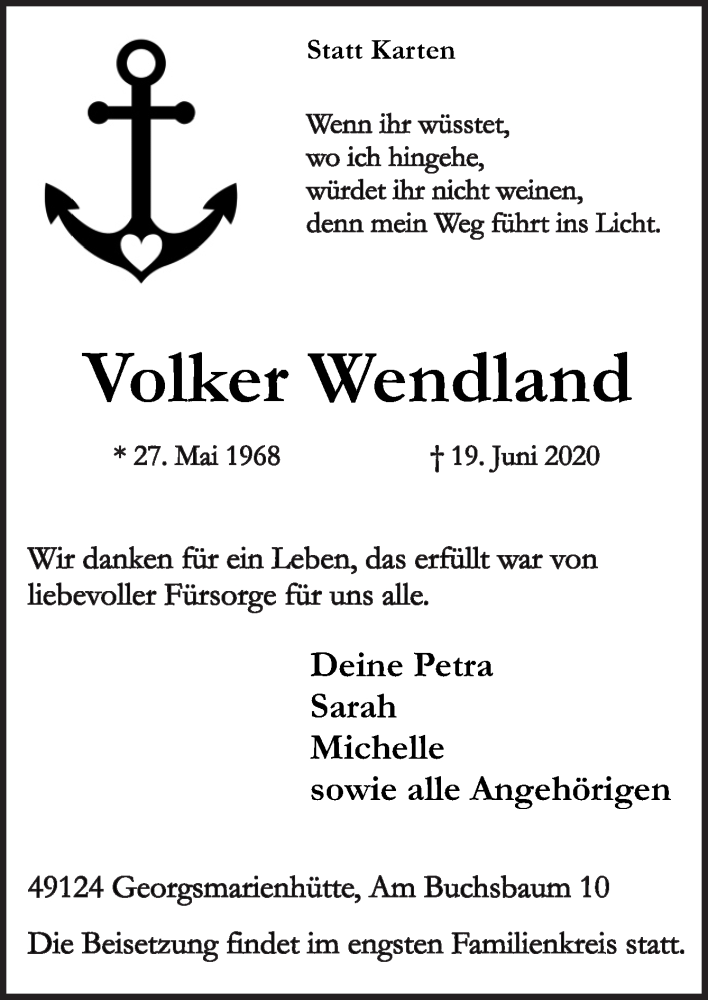  Traueranzeige für Volker Wendland vom 26.06.2020 aus Neue Osnabrücker Zeitung GmbH & Co. KG