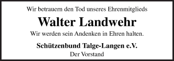 Traueranzeige von Walter Landwehr von Neue Osnabrücker Zeitung GmbH & Co. KG