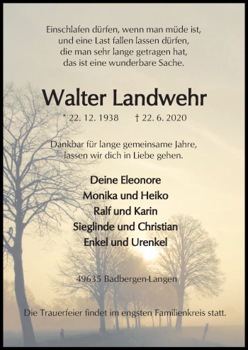 Traueranzeige von Walter Landwehr von Neue Osnabrücker Zeitung GmbH & Co. KG