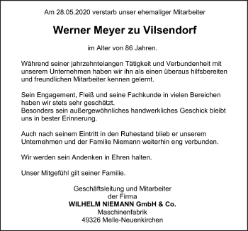 Traueranzeige von Werner Meyer zu Vilsendorf von Neue Osnabrücker Zeitung GmbH & Co. KG