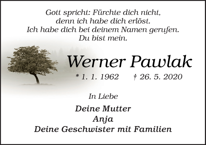  Traueranzeige für Werner Pawlak vom 06.06.2020 aus Neue Osnabrücker Zeitung GmbH & Co. KG