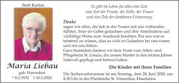 Traueranzeige von maria Liebau von Neue Osnabrücker Zeitung GmbH & Co. KG