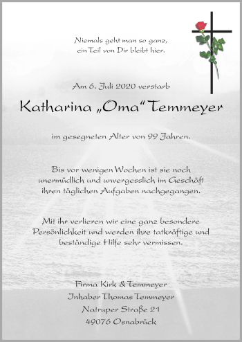 Traueranzeige von Katharina Temmeyer von Neue Osnabrücker Zeitung GmbH & Co. KG