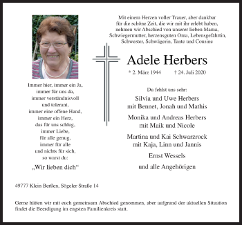 Traueranzeige von Adele Herbers von Neue Osnabrücker Zeitung GmbH & Co. KG