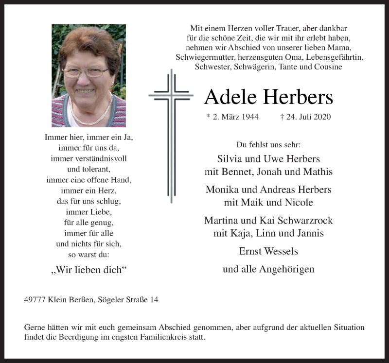  Traueranzeige für Adele Herbers vom 27.07.2020 aus Neue Osnabrücker Zeitung GmbH & Co. KG